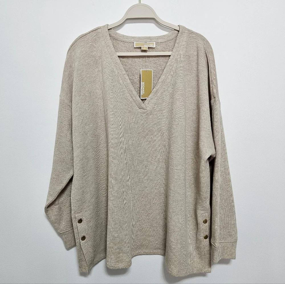 Michael Kors NWT Womens V-Neck ‎ Sweater Jumper Cotton MSRP $110 Cozy Beige 1X